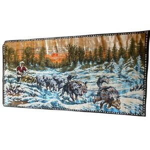 Vintage Velvet Tapestry Dog Sled Team Musher Winter Sunset Wall Hanging 38x19